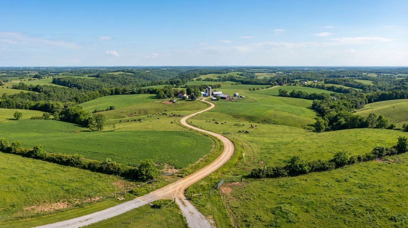 Aerial view of rolling rural land with a dirt road